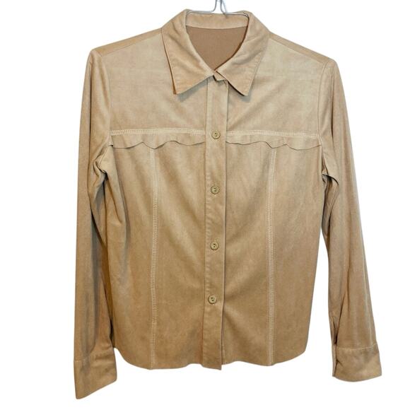 Vintage Ultra Suede Leather Tan Custom Made Long Sleeves Button Up Blouse Top - Picture 1 of 10